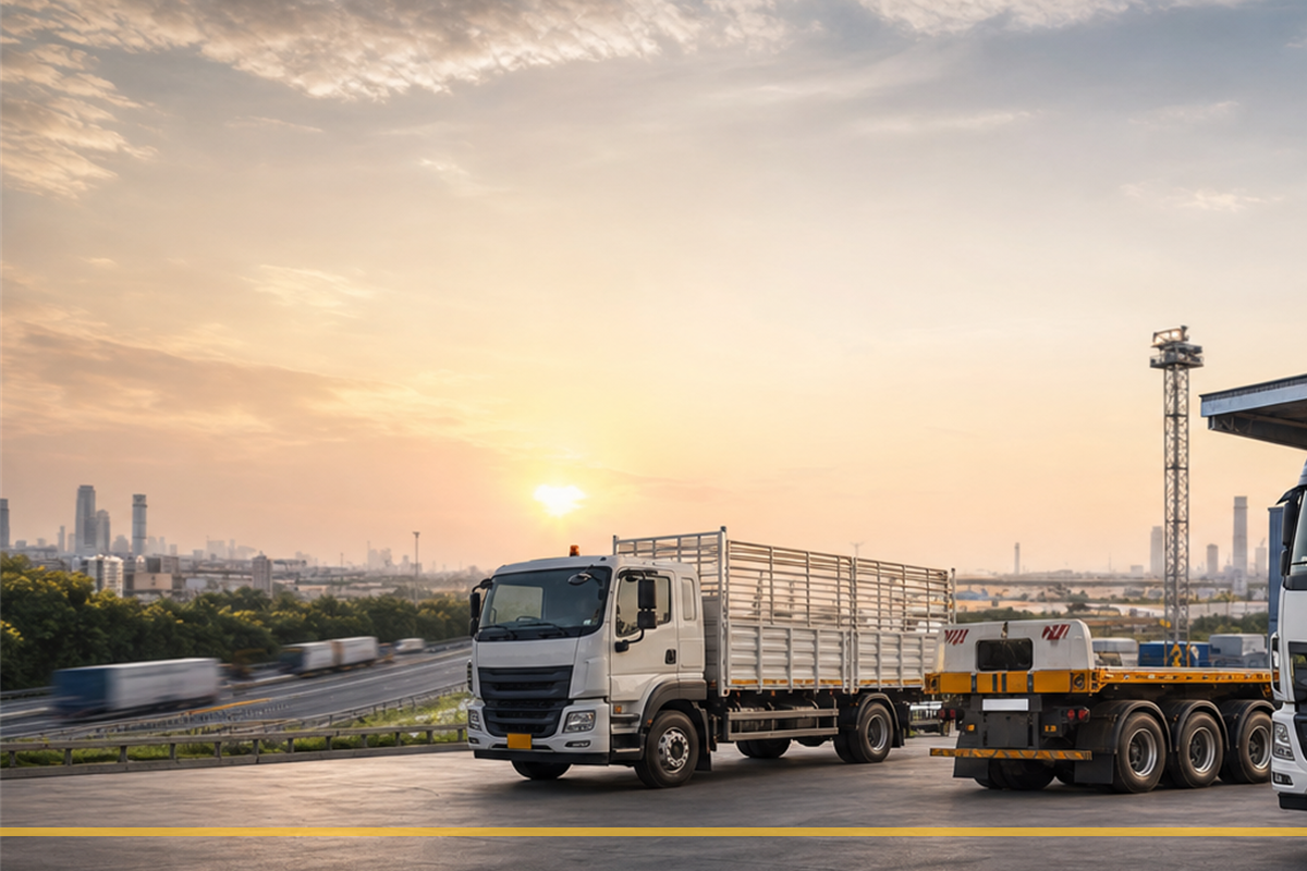 Road fleet staged near an industrial route