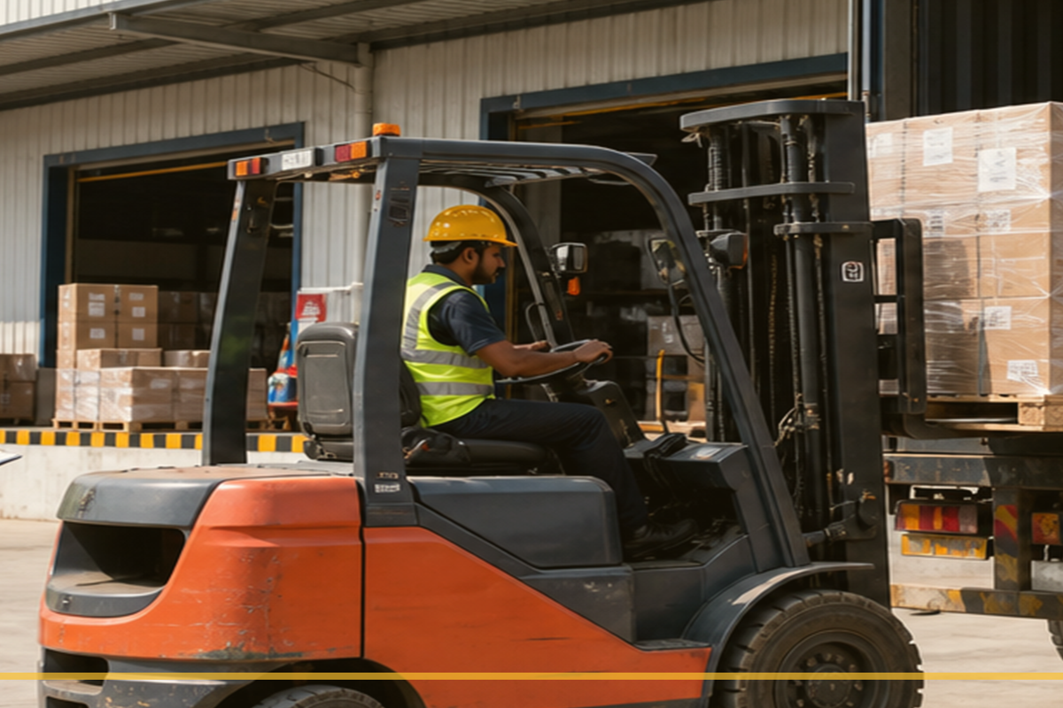 Forklift moving palletized cargo
