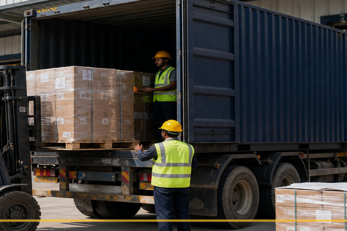 Cargo being placed inside a container truck
